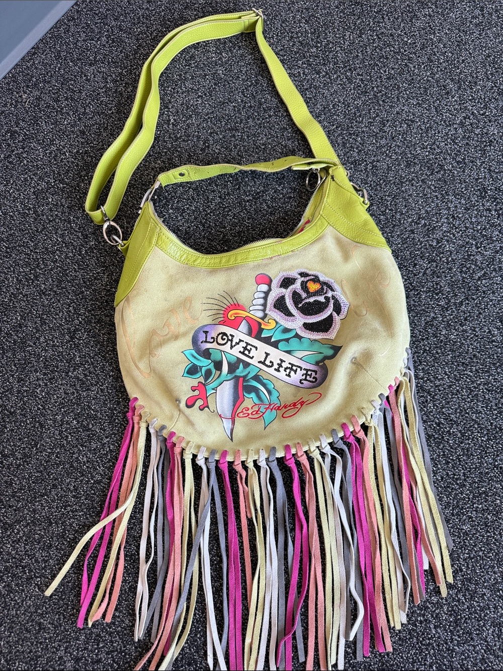 RARE Ed Hardy Yellow-Green 'Love Life' Fringe Y2K Hobo Bag